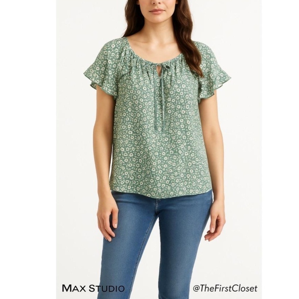 Max Studio Green Floral Ruffle Sleeve Blouse – Size M